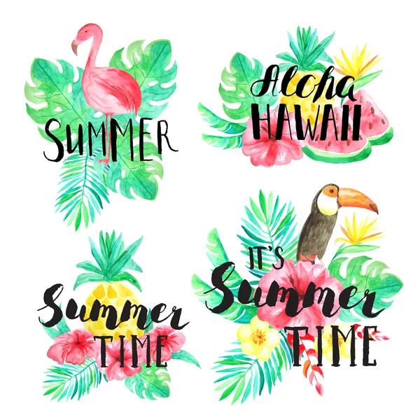 It\'s Summer time, Summer, Aloha Hawaii hand lettering. Set of Watercolor hand painted tropical flowers, leaves, fruits and birds compositions with typography.