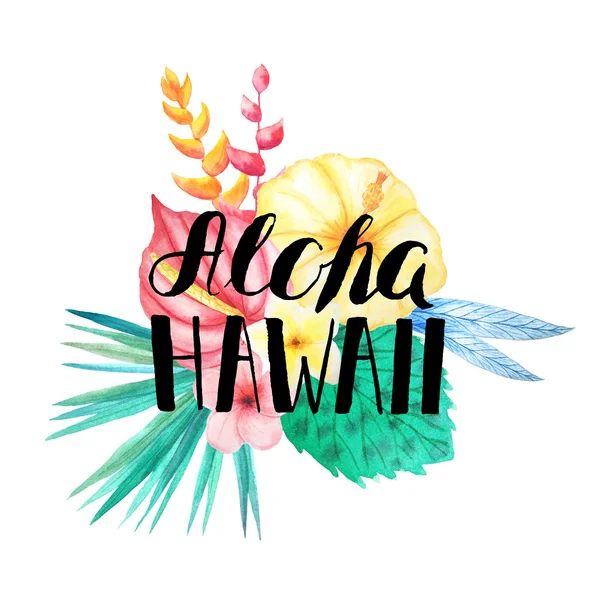 Letras Aloha Hawaii Conjunto Composición Tropical Acuarela Con Flores Hojas —  Fotos de Stock