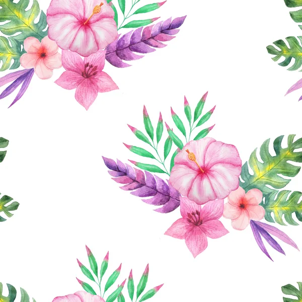 Seamless pattern with watercolor tropical flowers, leaves and plants. Hand painted jungle paradise background perfect for textile and scrapbooking