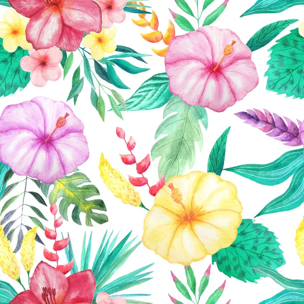 Bezešvé Vzory Akvarel Tropickými Květy Listy Rostliny Ručně Malovaný Ráj — Stock fotografie