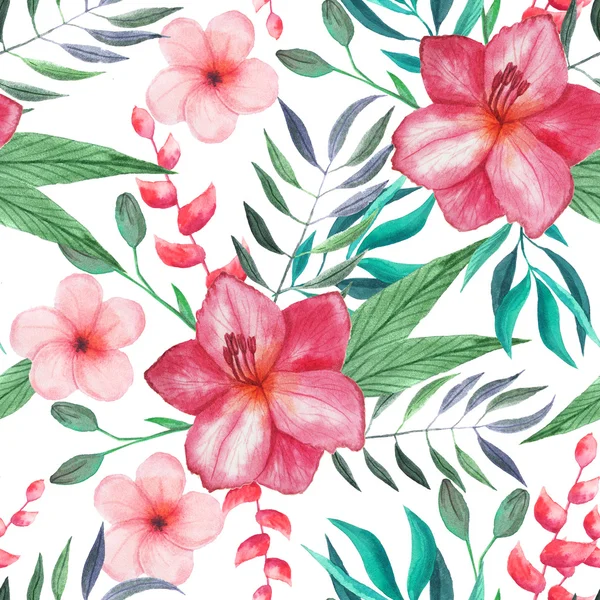 Seamless pattern with watercolor tropical flowers, leaves and plants. Hand painted jungle paradise background perfect for textile and scrapbooking