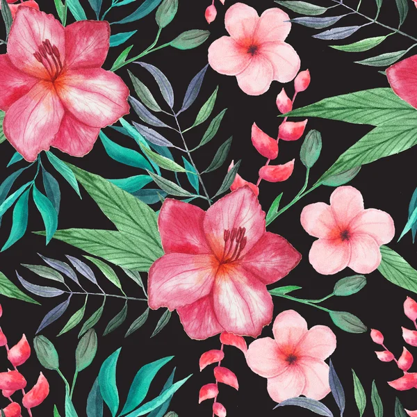 Seamless pattern with watercolor tropical flowers, leaves and plants on a dark backdrop. Hand painted jungle paradise background perfect for textile and scrapbooking