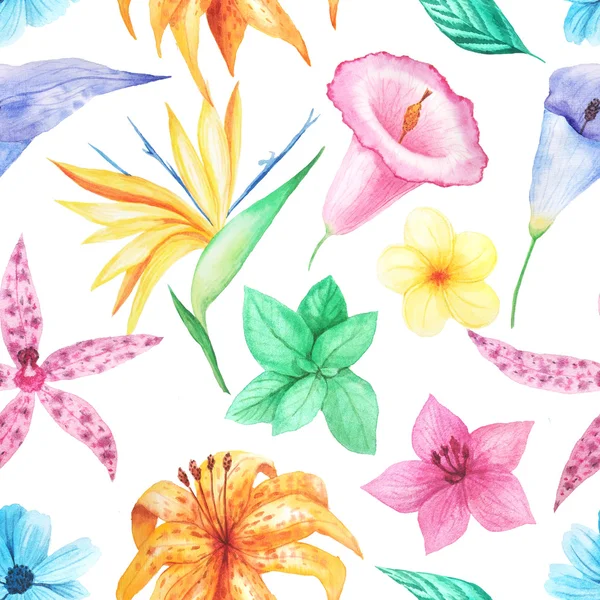Zestaw Akwarela Ręcznie Malowane Tropikalne Kwiaty Liście Rośliny Jasna Dżungla — Zdjęcie stockowe