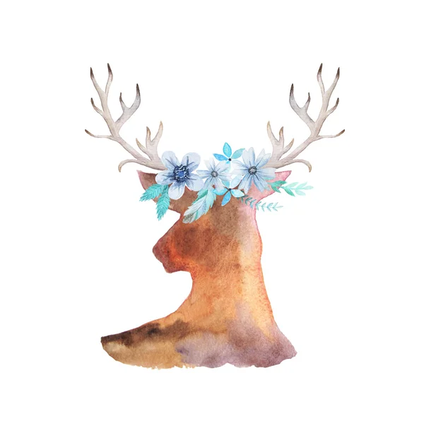 水彩鹿头与鹿角 叶和草药在浪漫的质朴风格 Boho别致的合成完美的花卉婚礼设计项目 — 图库照片
