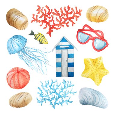 Deniz çeşleri, yıldız, mercanlar, gözlük suluboya denizcilikleri seti; çizgili plaj soyunma odası ve denizanası. Beyaz arka planda izole elementlerin sualtı deniz koleksiyonu