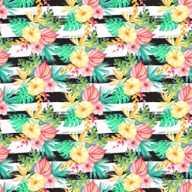 Suluboya tropikal çiçekler, yaprakları ve bitkiler ile Dikişsiz desen. El boyalı orman cennet arka plan Tekstil ve scrapbooking için mükemmel