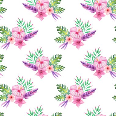 Suluboya tropikal çiçekler, yaprakları ve bitkiler ile Dikişsiz desen. El boyalı orman cennet arka plan Tekstil ve scrapbooking için mükemmel