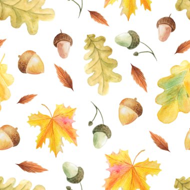 El boyalı suluboya sonbahar yaprakları, dalları ve ormandan esinlenerek meşe palamudu ile Dikişsiz desen. Kumaş Tekstil, Vintage kağıt veya scrapbooking için mükemmel romantik çiçek arka plan