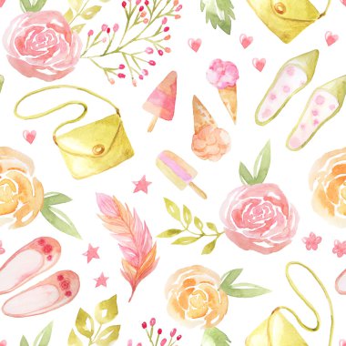 El boyalı suluboya çiçekler, yapraklar, dondurma, ayakkabı, tüy ve diğer moda nesneleri ile Dikişsiz desen. Kumaş tekstil, vintage kağıt veya scrapbooking için mükemmel romantik çiçek arka plan