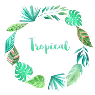 Suluboya el yaprakları ve bitkiler ile tropikal çerçeve boyalı. Yeşil orman yeşillik çelenk yaz düğün davetiyesi ve parti kartı yapımı için mükemmel