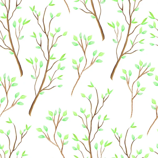 Bezešvé Vzory Ručně Malovanými Akvarel Jemnými Větvemi Zelenými Listy Jarní — Stock fotografie