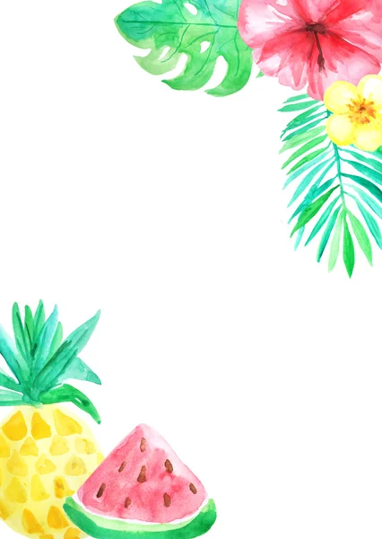 Card Template Watercolor Tropical Flowers Leaves Fruits Bright Jungle Invitation — Stock Photo, Image
