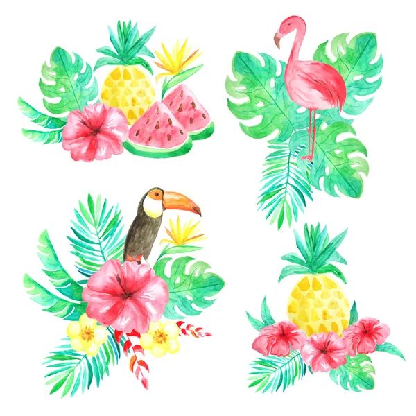 Set of Watercolor hand painted tropical flowers, leaves, fruits and birds. Bright jungle exotic compositions perfect for summer wedding invitation and party card making