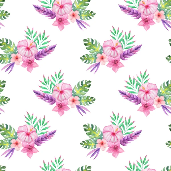 Sömlös Mönster Med Akvarell Tropiska Blommor Löv Och Växter Handmålad — Stockfoto