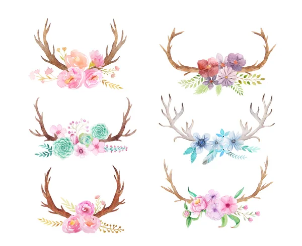 Set of hand painted watercolor flowers, leaves, antlers and berry in rustic style. Boho rustic composition perfect for floral design projects