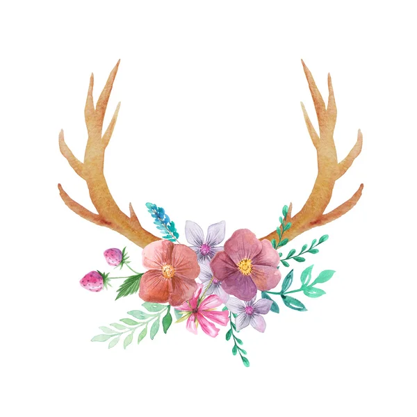 素朴なスタイルで手描きの水彩花 角とベリーのセット 花のデザインプロジェクトに最適なボーホ素朴なコンポジシオン — ストック写真