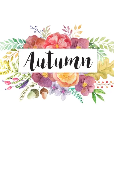 Autumn. Card template with hand painted watercolor forest flowers, leaves and herb in rustic style. Autumn boho chic background perfect for wedding invitation making