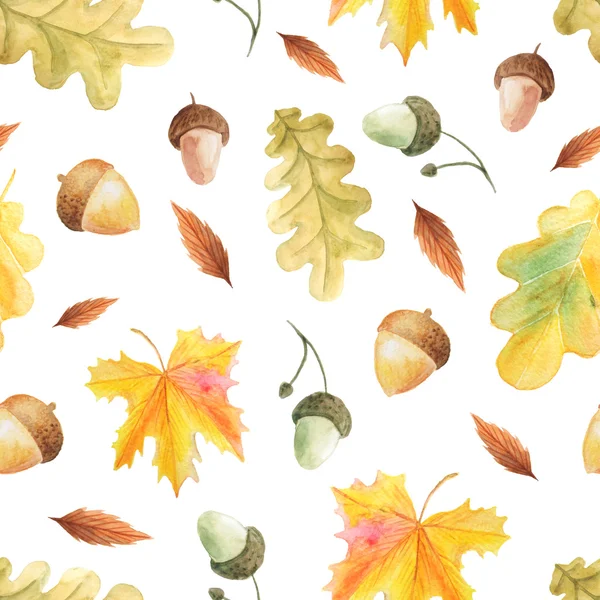 Seamless pattern with hand painted watercolor autumn leaves, branches and acorns inspired by forest. Romantic floral background perfect for fabric textile, vintage paper or scrapbooking