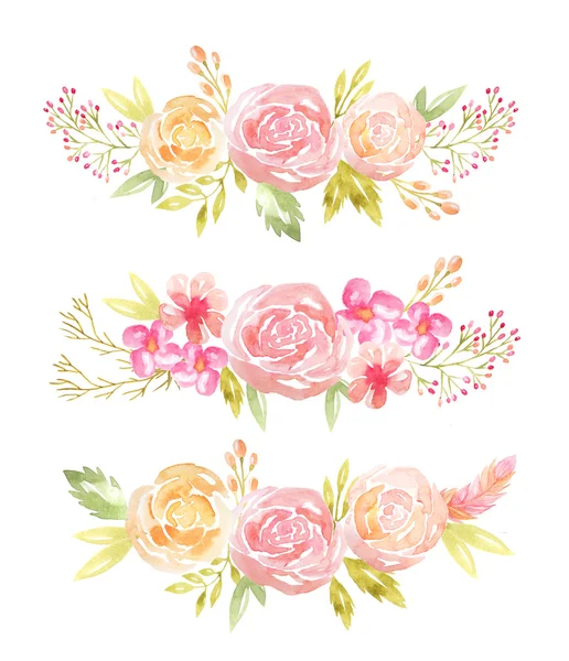 Uppsättning Handmålade Akvarell Delikat Och Romantiska Blommor Löv Och Grenar — Stockfoto