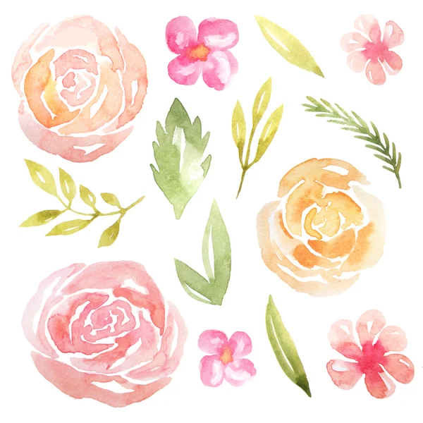 Set of hand painted watercolor delicate and romantic flowers, leaves and branches inspired by summer garden plants. Pink floral clip art pefect for wedding card making and DIY project.