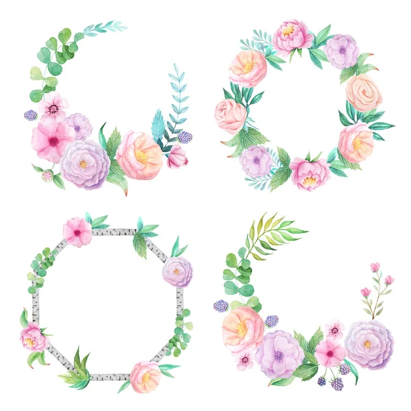 夏の庭に触発された手で水彩の花 葉や枝と花のフレーム カード作り 結婚式の招待状とDiyプロジェクトのための装飾的なリースペフェクト — ストック写真