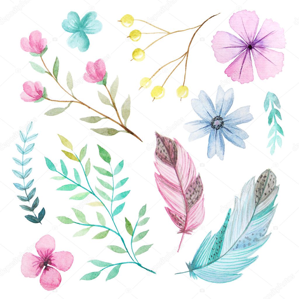 Set of hand painted watercolor flowers, leaves, feathers and branches. Isolated objects on a white background. Floral clip art pefect for card making and DIY project
