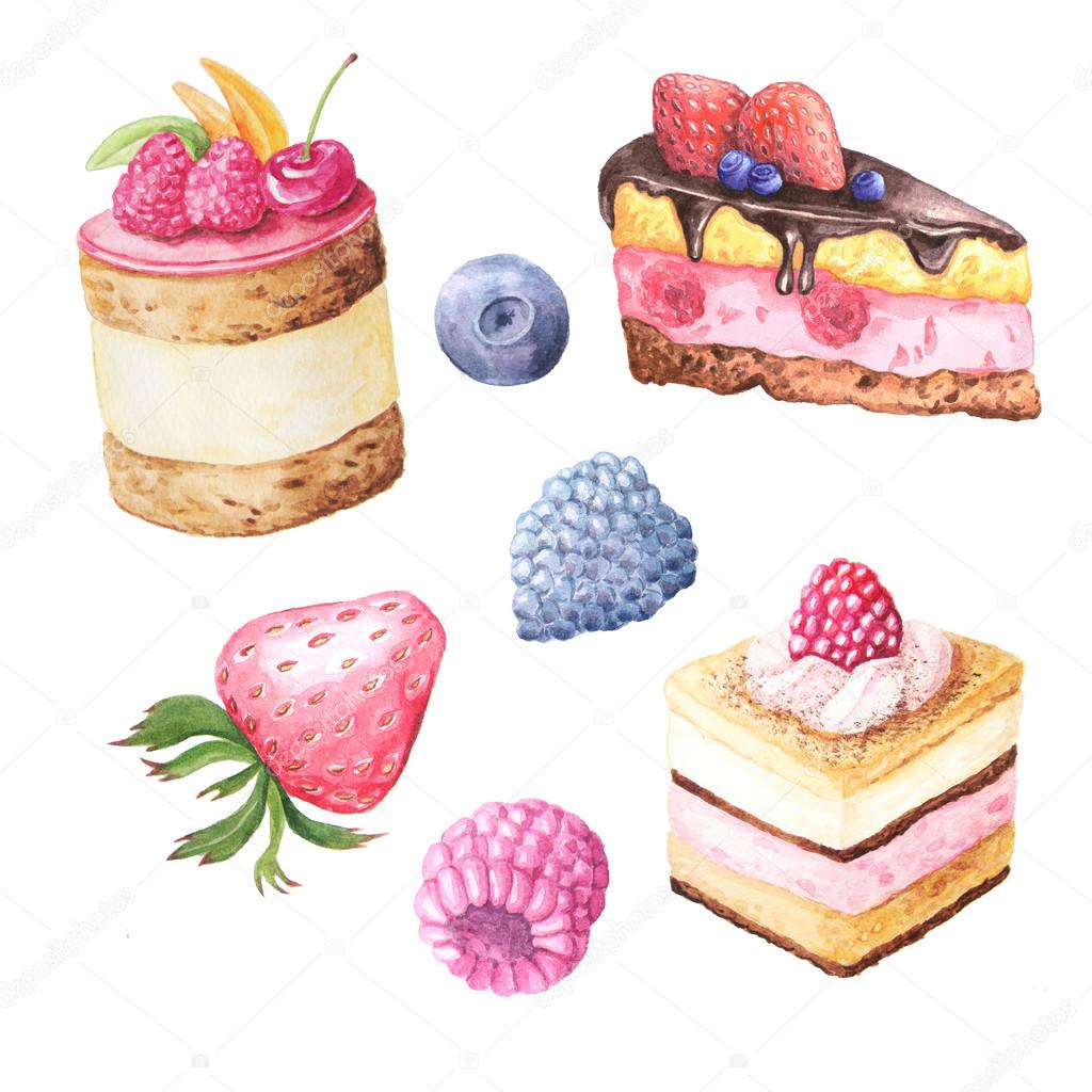 Watercolor fruit cake and berries