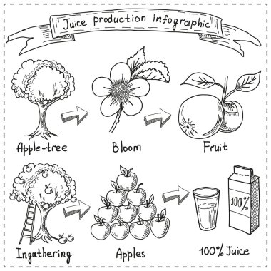 Juice production infographic. Hand drawn sketchy objects on white background clipart