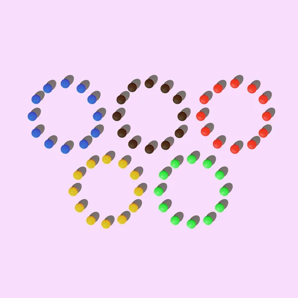 Distanced Olympic Circles Made Rubber Balls Lay Pastel Pink Flat — Stock Photo, Image