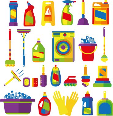 Temizlik malzemelerinin resmi. Çeşitli temizlik aletleri. Güzel enstrümanlar. desen, koleksiyon, sanat, izole edilmiş