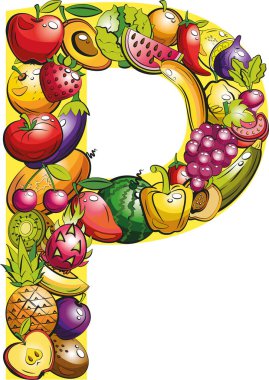 P harfi. Meyve harfleri. Alfabedeki renkli meyve ve sebze kolajı