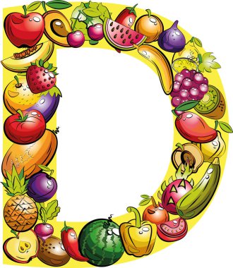 D harfi. Meyve harfleri. Alfabedeki renkli meyve ve sebze kolajı