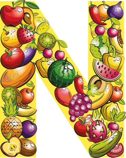 Letra Cartas Fruta Colagem Frutas Legumes Coloridos Letra Alfabeto —  Vetores de Stock