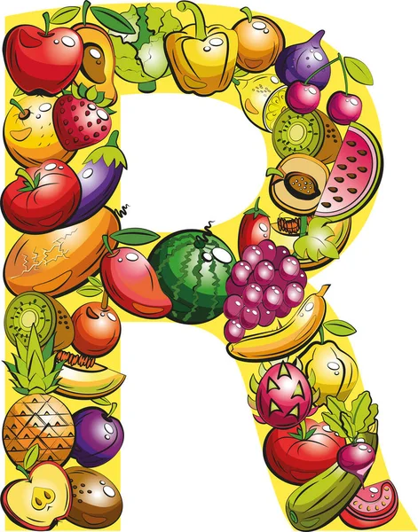Letra Cartas Frutíferas Colagem Frutas Legumes Coloridos Letra Alfabeto —  Vetores de Stock