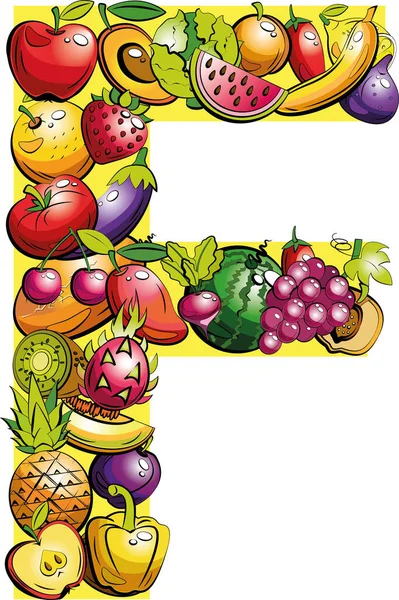 Harfi Fruit Harfleri Alfabedeki Renkli Meyve Sebze Kolajı — Stok Vektör