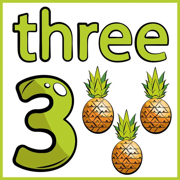 Tres Piñas Tarjeta Color Niño Aprende Matemáticas Cuenta Número Verduras — Vector de stock