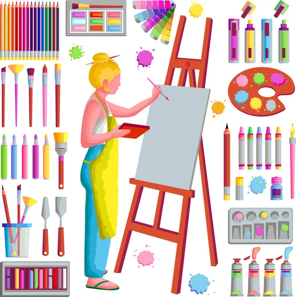 Everything Drawing Girl Artist — Stock Vector