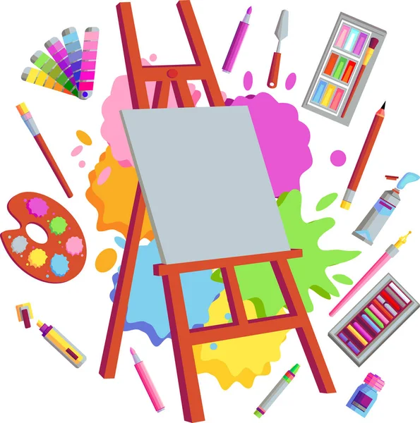 Todo Para Dibujar Caballete Con Pinceles Pinturas — Vector de stock