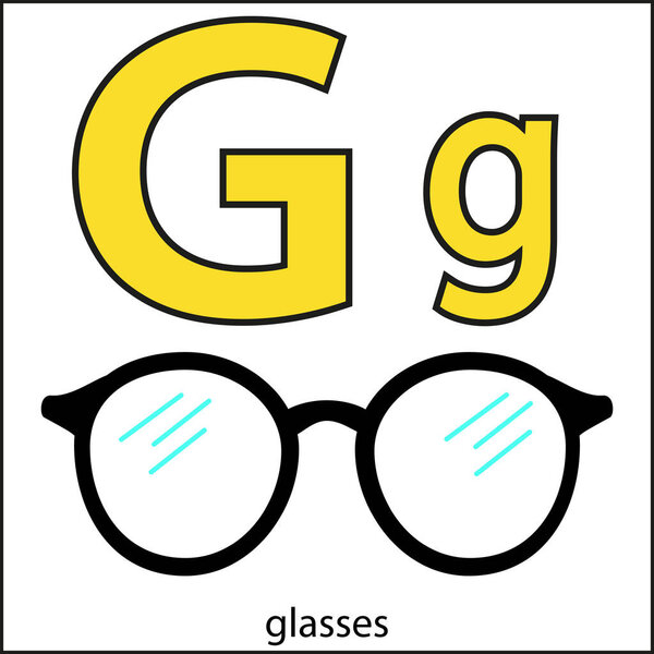 A training card with the letter G and glasses.