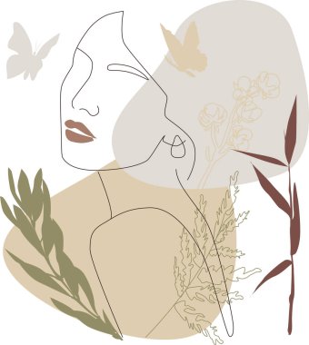 Bir kadının yüzünün çizimi, moda konsepti, geometrik karalamalı kadın güzelliğinin minimalizmi, pastel tonlardaki soyut çiçek unsurları..