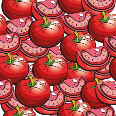 Kusursuz domates deseni. Yeşil saplı kırmızı domatesler ve kesilmiş parçalar.. 