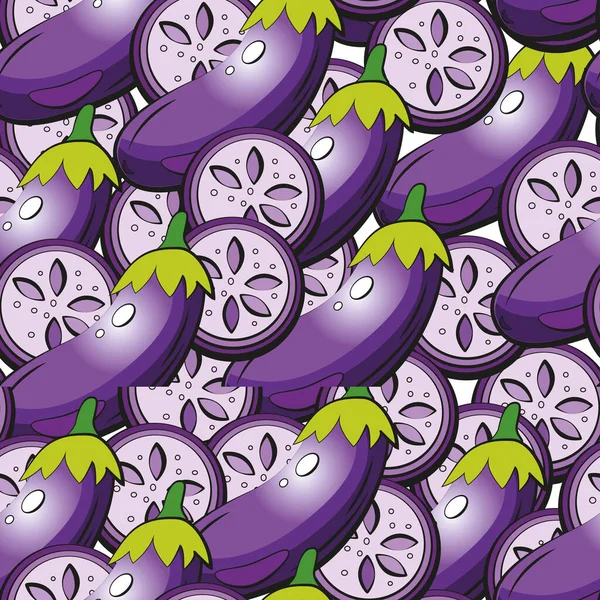 Modèle Sans Couture Aubergine Entière Pourpre Morceaux Aubergine Ronds — Image vectorielle