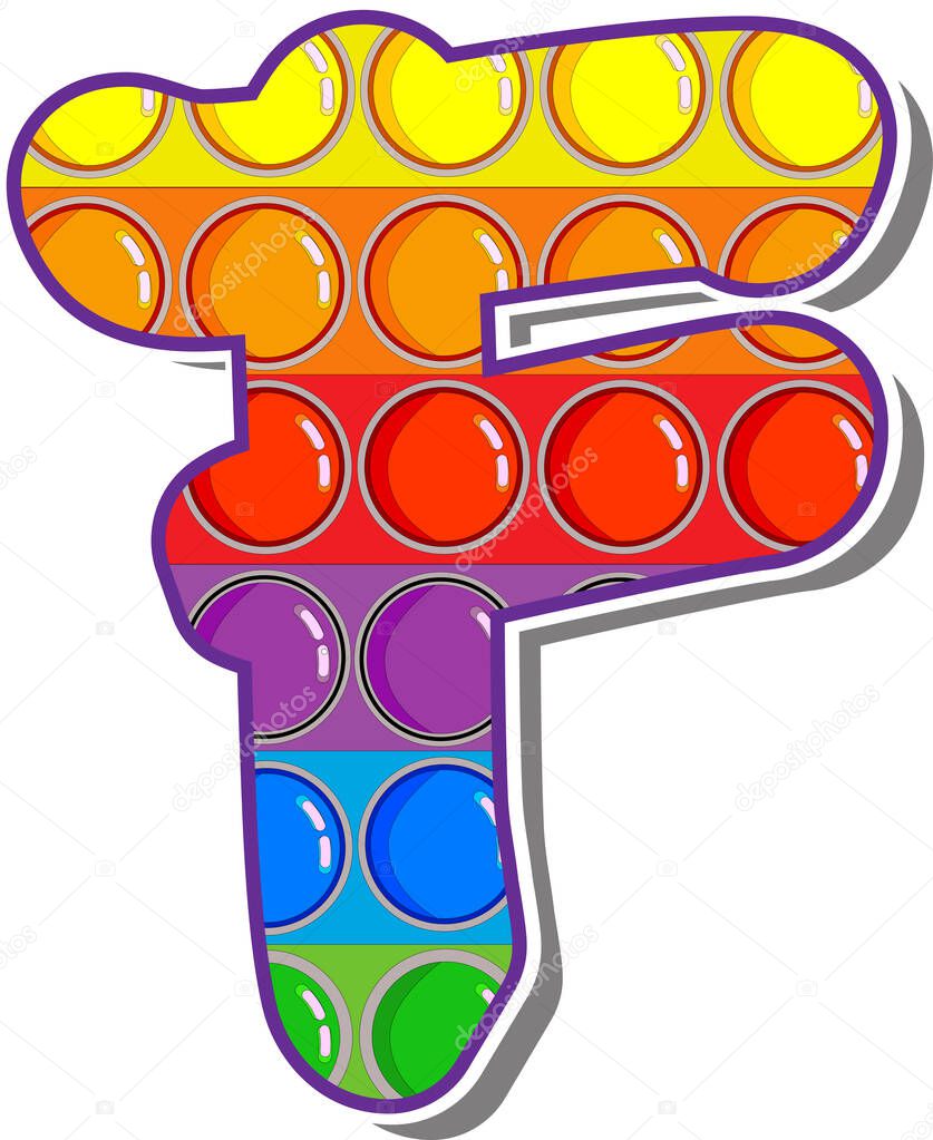 Letter F. Rainbow colored letters in the form of a popular children's game pop it. 