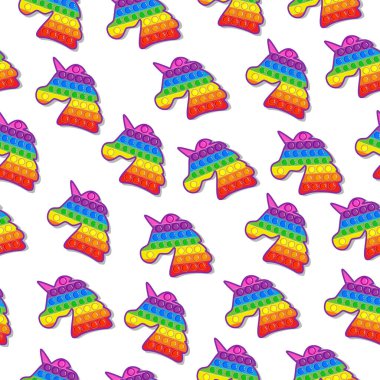 Gökkuşağı renginde stres önleyici oyuncaklarla kusursuz desen, beyaz arka planda tek boynuzlu at. Patlat..