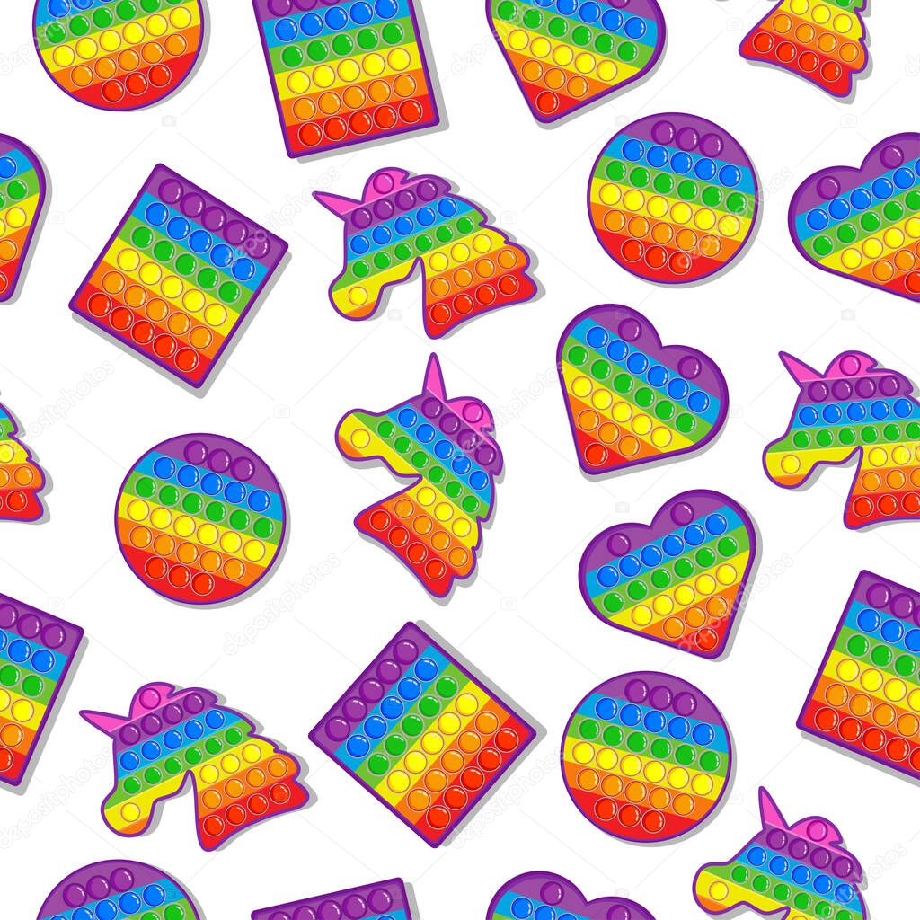 A bright illustration with the image of rainbow antistress toys. Seamless Pop it pattern and Simple Dimple. Unicorn, square, heart, circle.