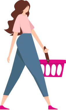 Boş sepeti olan bir kadın karakteri. Ürünlerden bir seçim yapacağız. Sipariş edilmiş ve toplanmış ürünler, yemek teslimatı, çevrimiçi gıda mağazası, alışveriş.