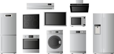 Elektronik Ev Aletleri seti. Beyaz arkaplanda vektör çizimi. Buzdolabı, mikrodalga fırın, elektrikli fırın, hob, çamaşır makinesi, bulaşık makinesi, klima, televizyon, sökücü kaput.