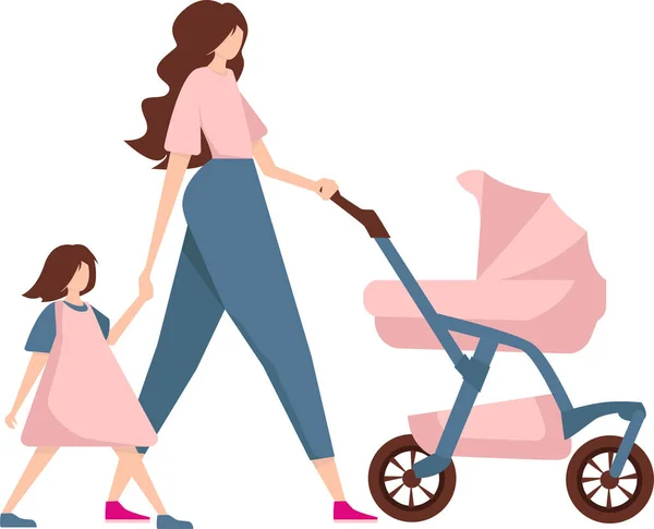 子供と散歩中の女性 若い母親はピンクのベビーカーを運転していて 小さな娘を手で抱いています 白い背景のベクトルイラスト — ストックベクタ