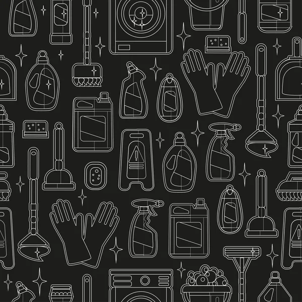 一套家用电器 家用化学品的图标 家务活 家居用品 清洁的模式 清洁物品 黑色背景上带有白线的轮廓 — 图库矢量图片