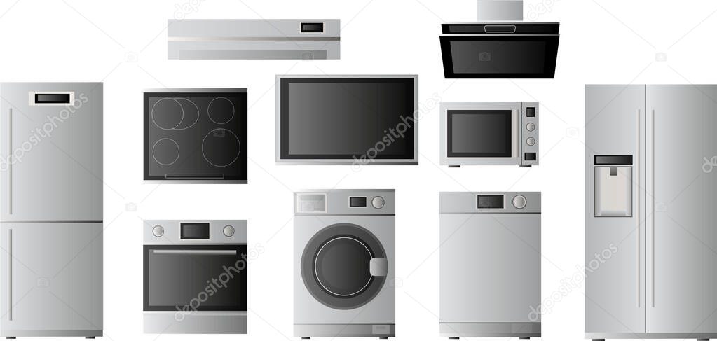 A Set Of Electronic Household Appliances. Vector illustration on a white background. Refrigerator, microwave oven, electric oven, hob, washing machine, dishwasher, air conditioning, TV, extractor hood
